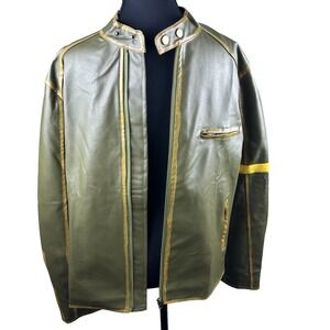 Men's Olive Green Faux Leather Moto Jacket Yellow Hand Painted Stripe Café Racer
